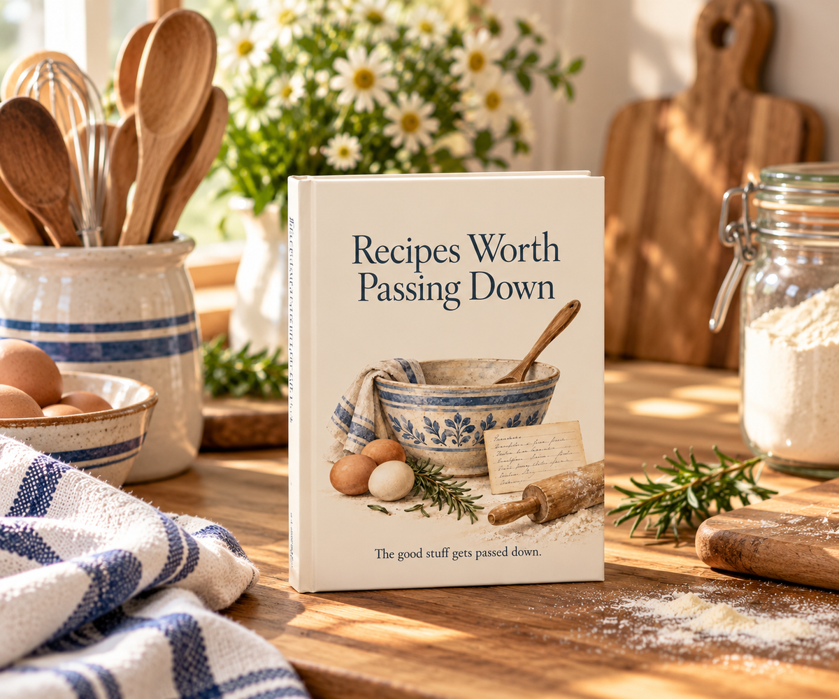 Recipes Worth Passing Down hardcover journal in a warm farmhouse kitchen setting
