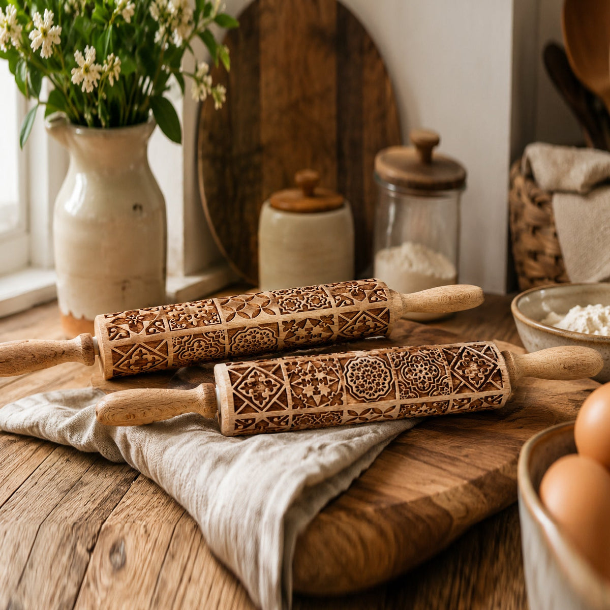 Decorative Rolling Pin with Two Cookie Cutters
