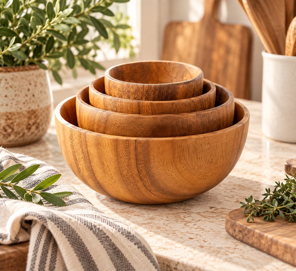 Rustic Acacia Wood Bowls — Set of 4
