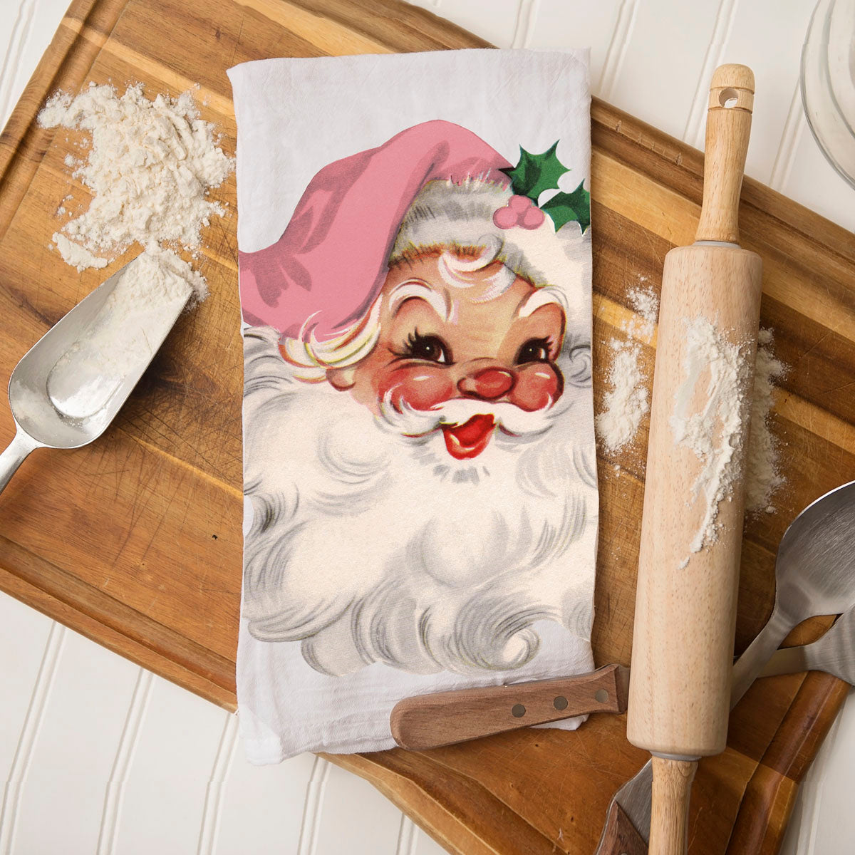Vintage Pink Santa Christmas Kitchen Towel