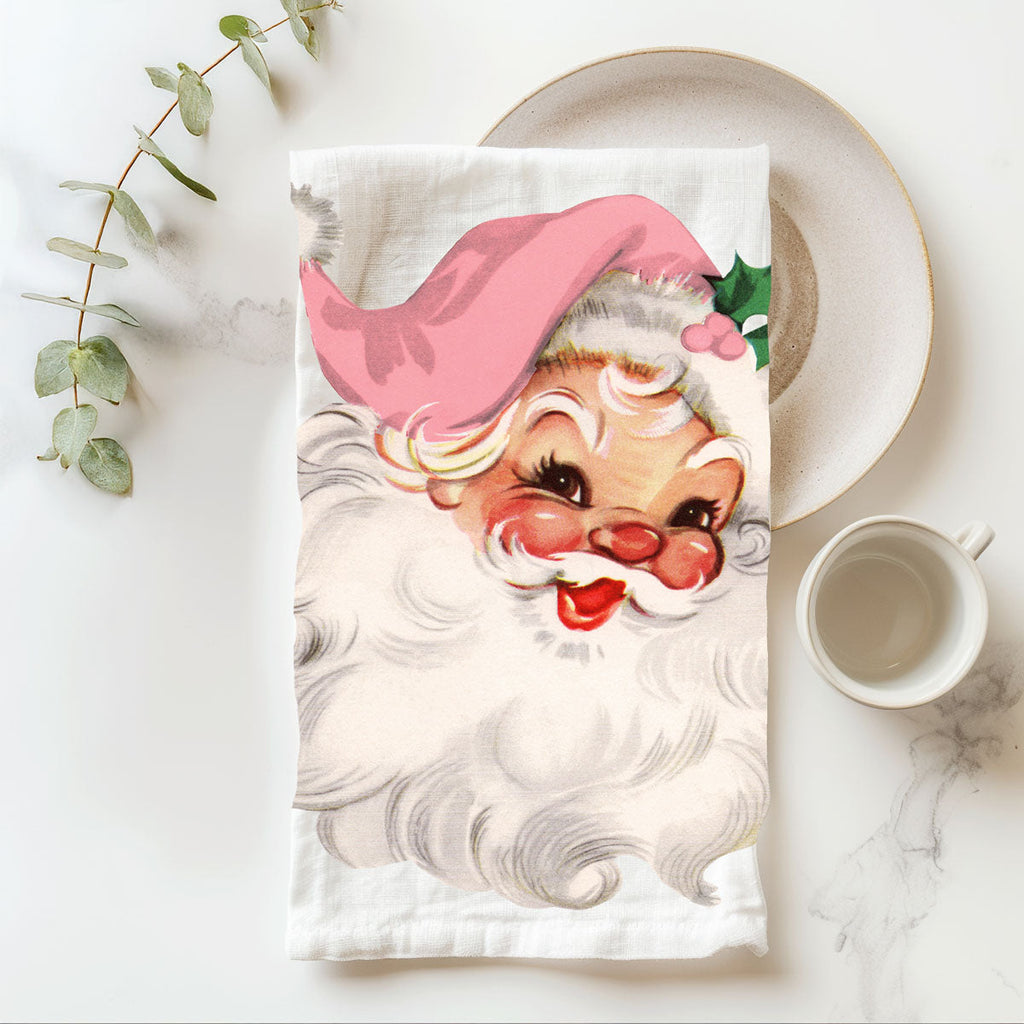 Vintage Pink Santa Christmas Kitchen Towel