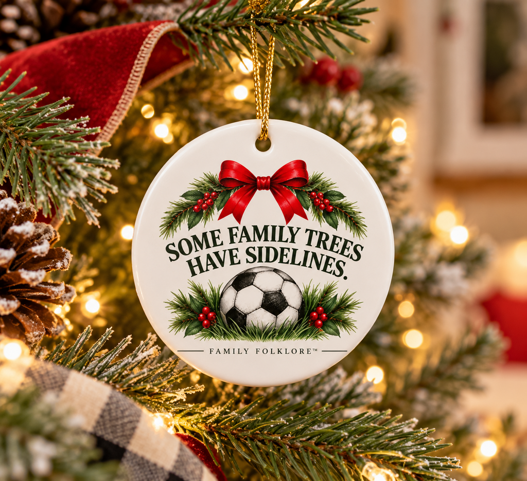 Soccer Family Christmas Ornament 2026 hanging on a Christmas tree
