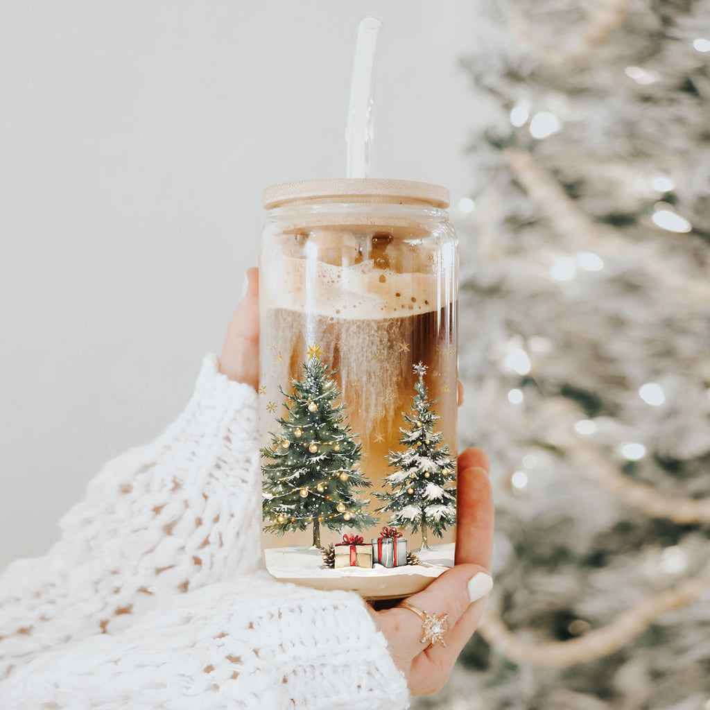 Christmas Tree Glass Tumbler with Straw – Retro Holiday Designs
