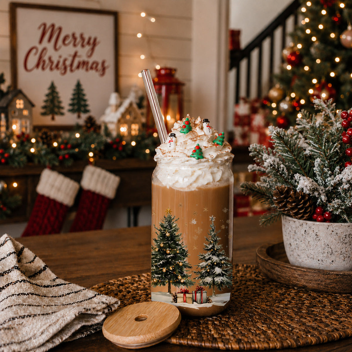 Christmas Tree Glass Tumbler with Straw – Retro Holiday Designs