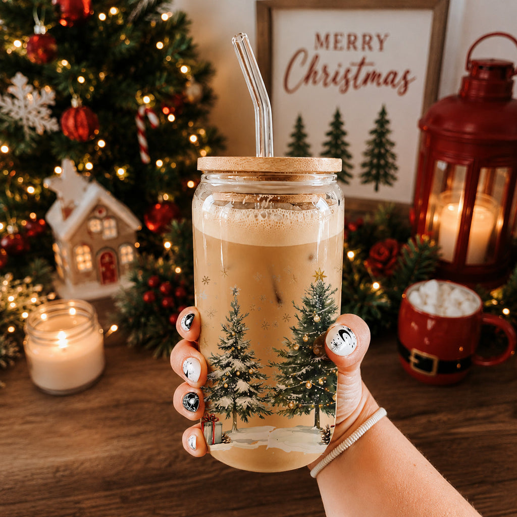 Christmas Tree Glass Tumbler with Straw – Retro Holiday Designs