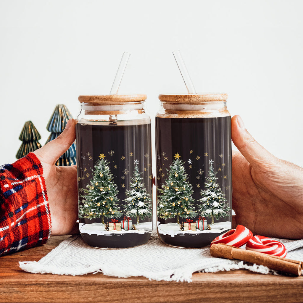 Christmas Tree Glass Tumbler with Straw – Retro Holiday Designs